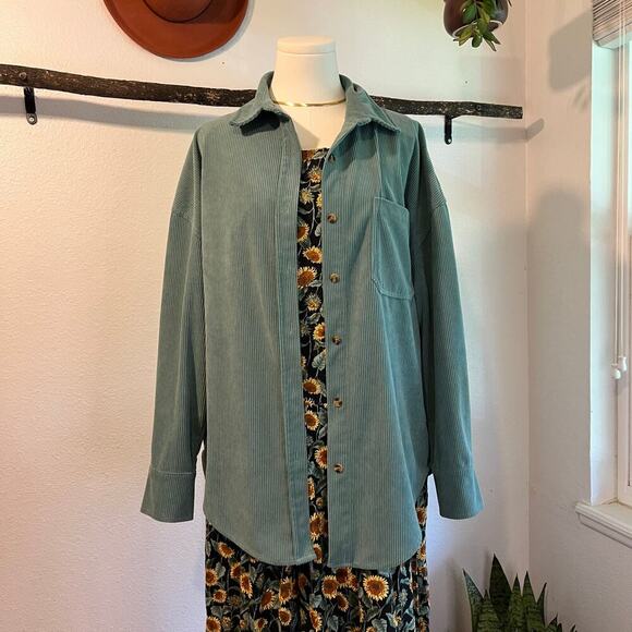 Sage Green Corduroy Button Front Oversized Shacket Shirt Size Medium - Picture 1 of 9